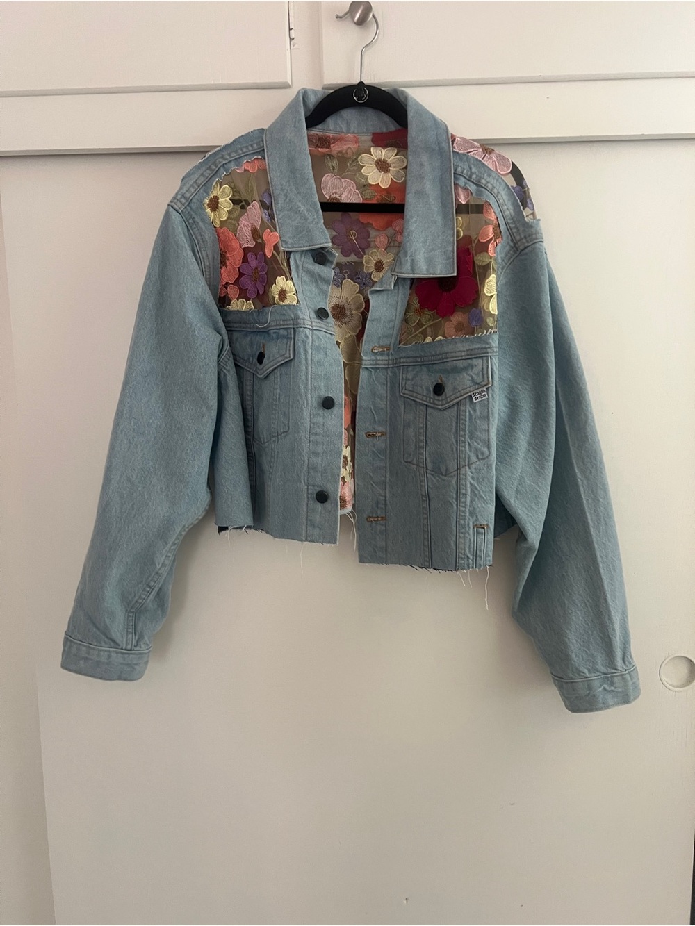 Light Wash Denim Cropped Jacket with Floral Lace - Dragon Denim